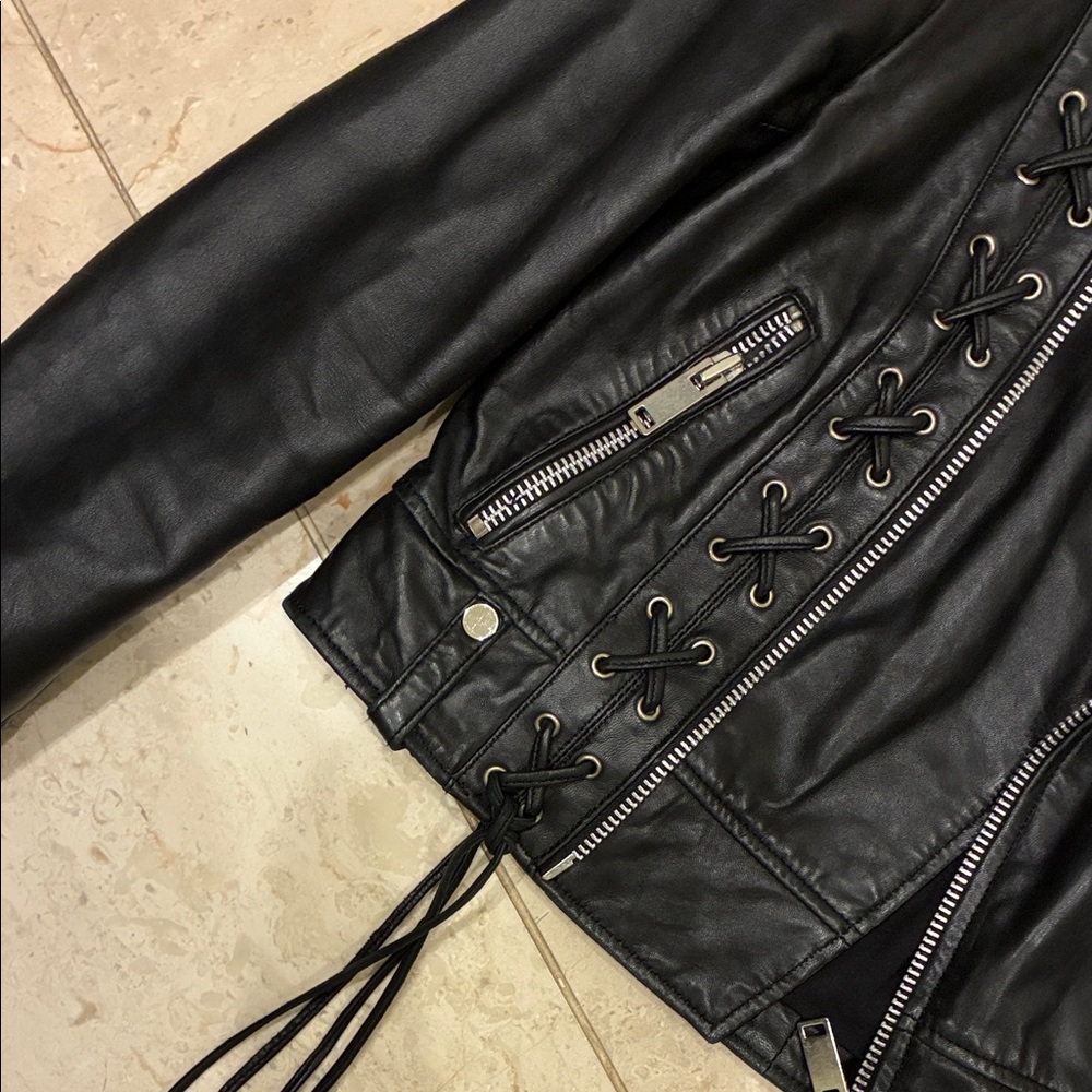 Walter Baker Black Lace-Up Moto Leather Jacket - Picture 3 of 5